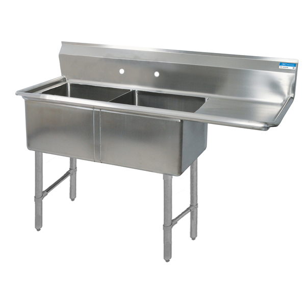 Bk Resources 25.5 in W x 54.1875 in L x Free Standing, Stainless Steel, Two Compartment Sink 16 Gauge BKS6-2-1620-14-18RS